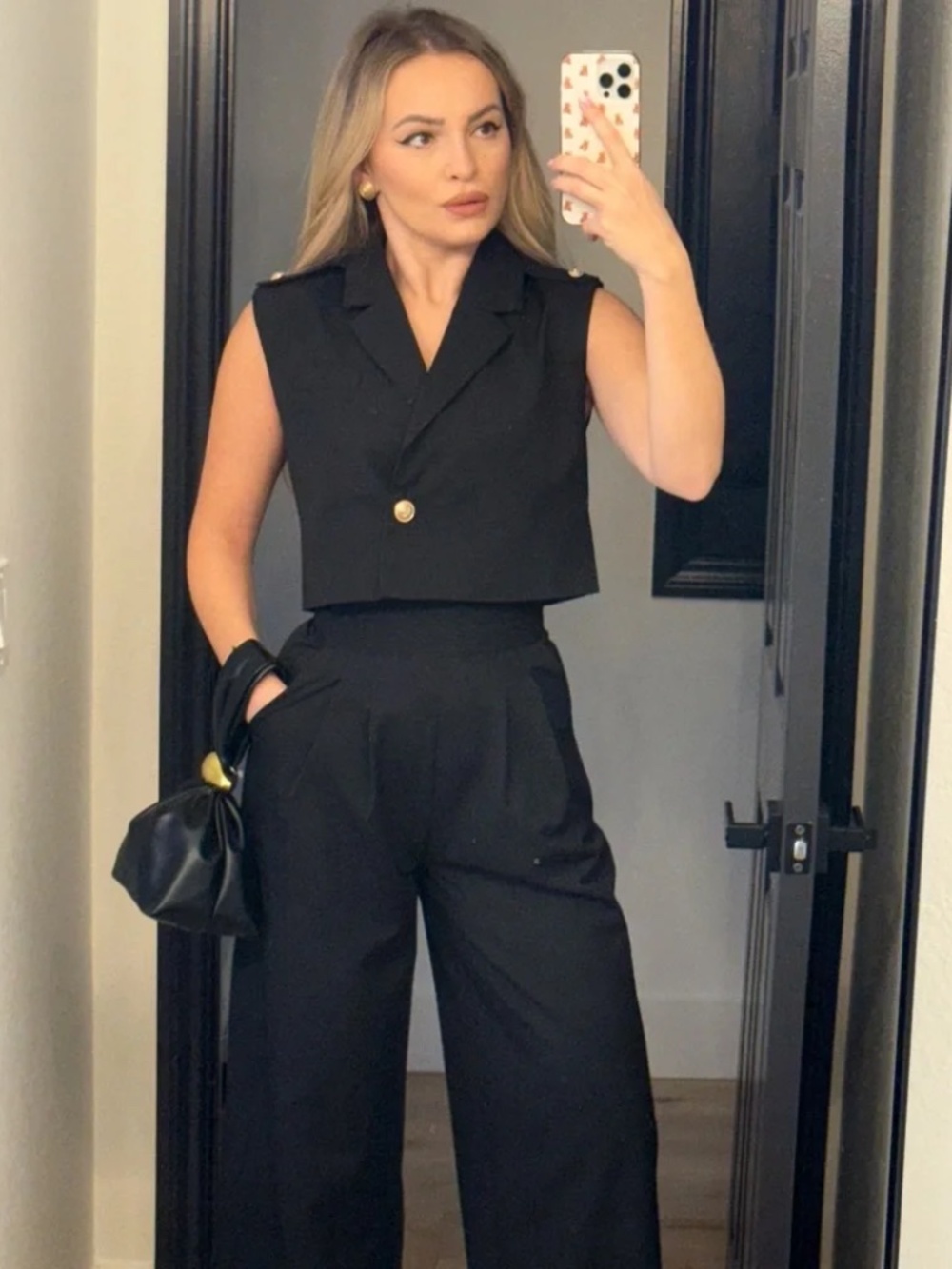Boutique Black Two Piece Set with Sleeveless Blouse and Super High Waisted Pants
